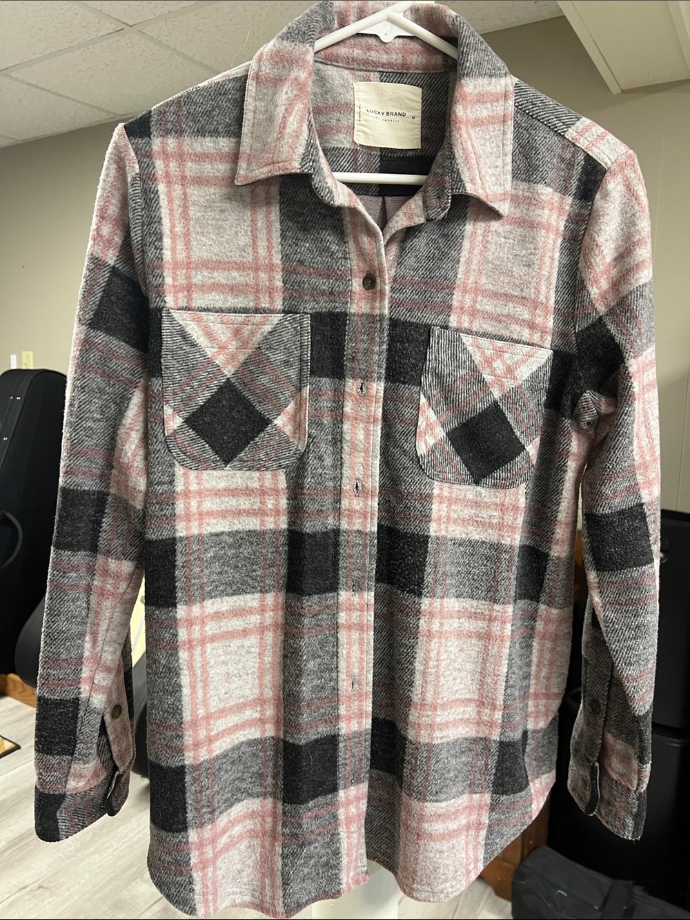 Lucky Brand Pink & Gray Plaid Button-Down Shirt SOFT! Sz medium